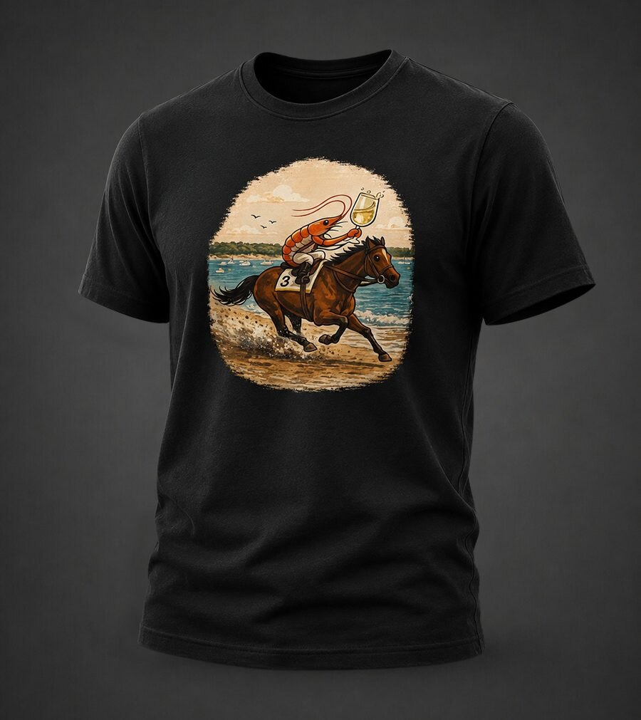 Camiseta negra Carreras de Caballos de Sanlúcar: un langostino de jockey a caballo por la orilla con una copa de manzanilla