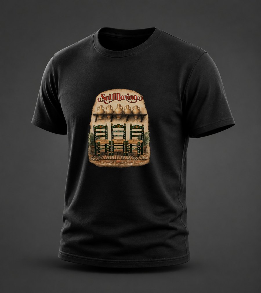 Camiseta Salmarina negra con el estampado de las jarras de manzanilla y las sillas de enea